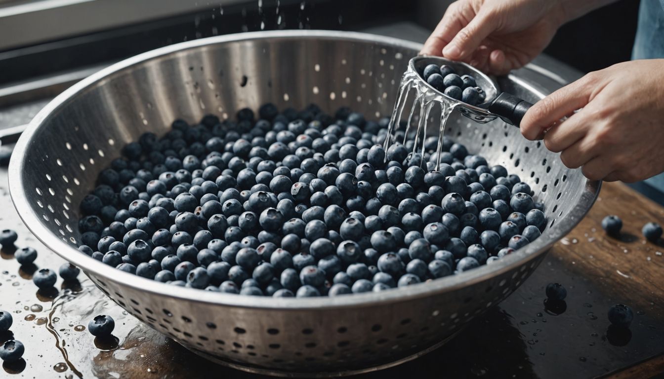 Washing blueberries under running water in a colander