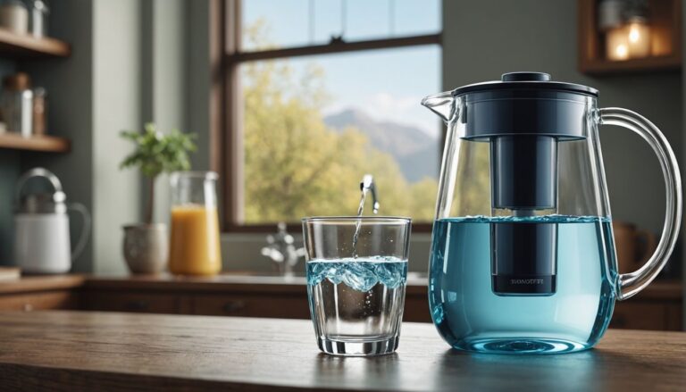 Clean water in glass with water filter pitcher