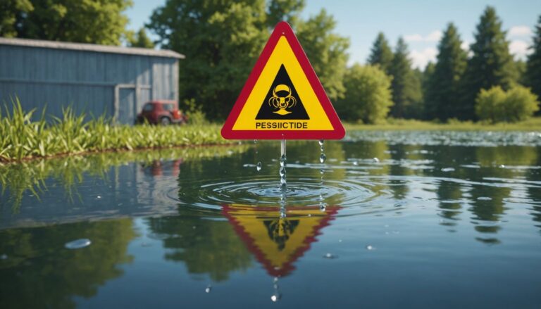 Water drop with pesticide warning sign in background